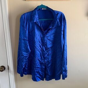 zeagoo womens Blue Satin-type Button-Up Shirt Jacket